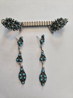 Vintage Zuni snake eye turquoise & sterling silver watch band w/ earrings